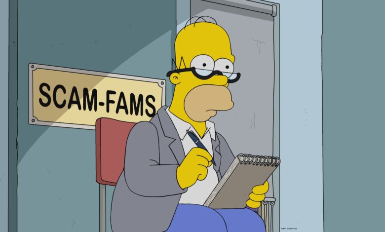 Scam-Fams is written on door and Bart is sitting on chair in front of that door.