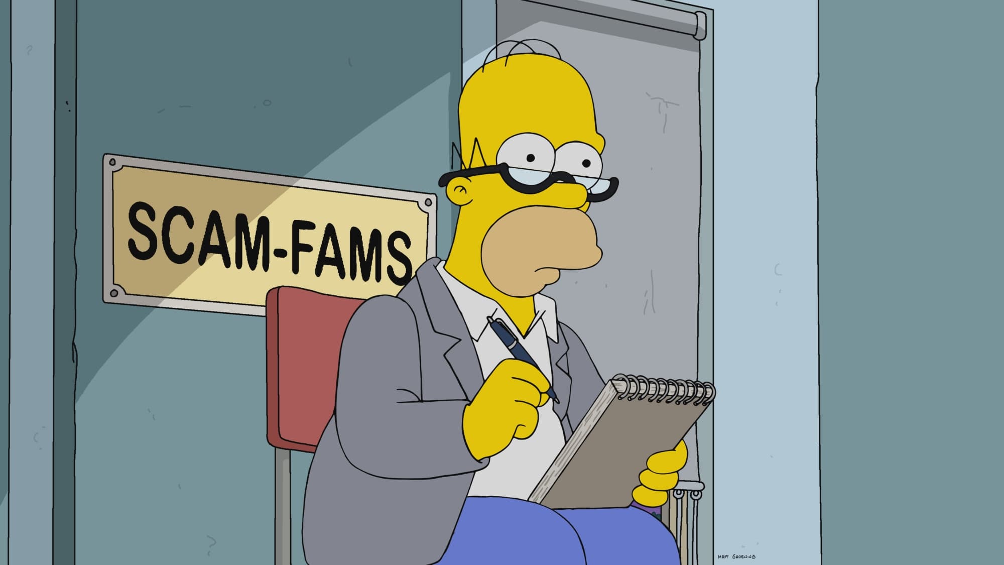 Scam-Fams is written on door and Bart is sitting on chair in front of that door.